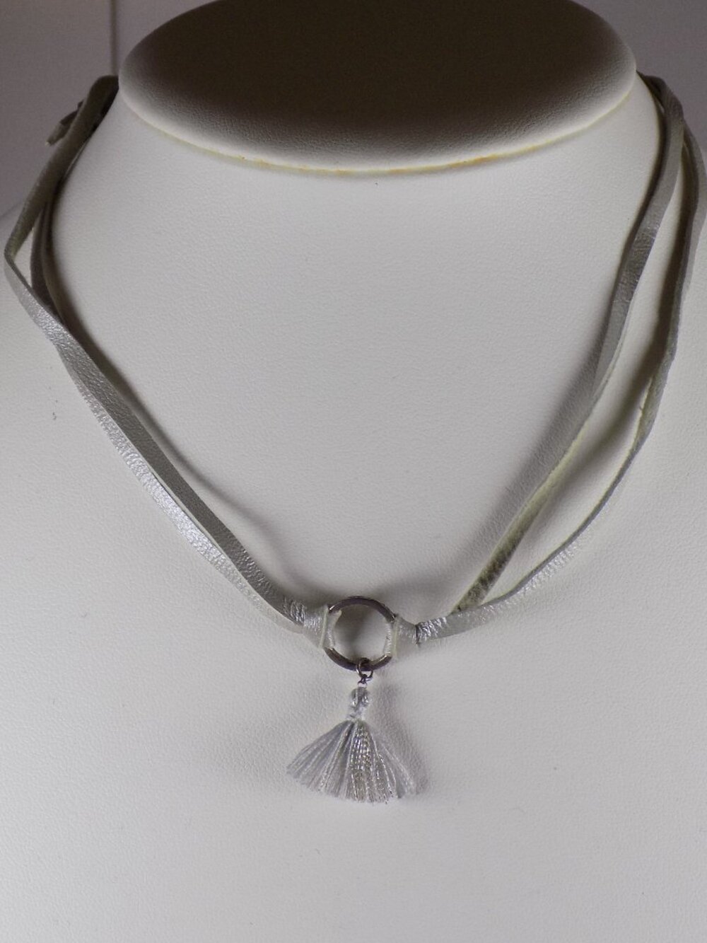 Chan Luu Leather Choker Necklace Pearl Gray Adjustable self-Tie Tassel 40" #2
